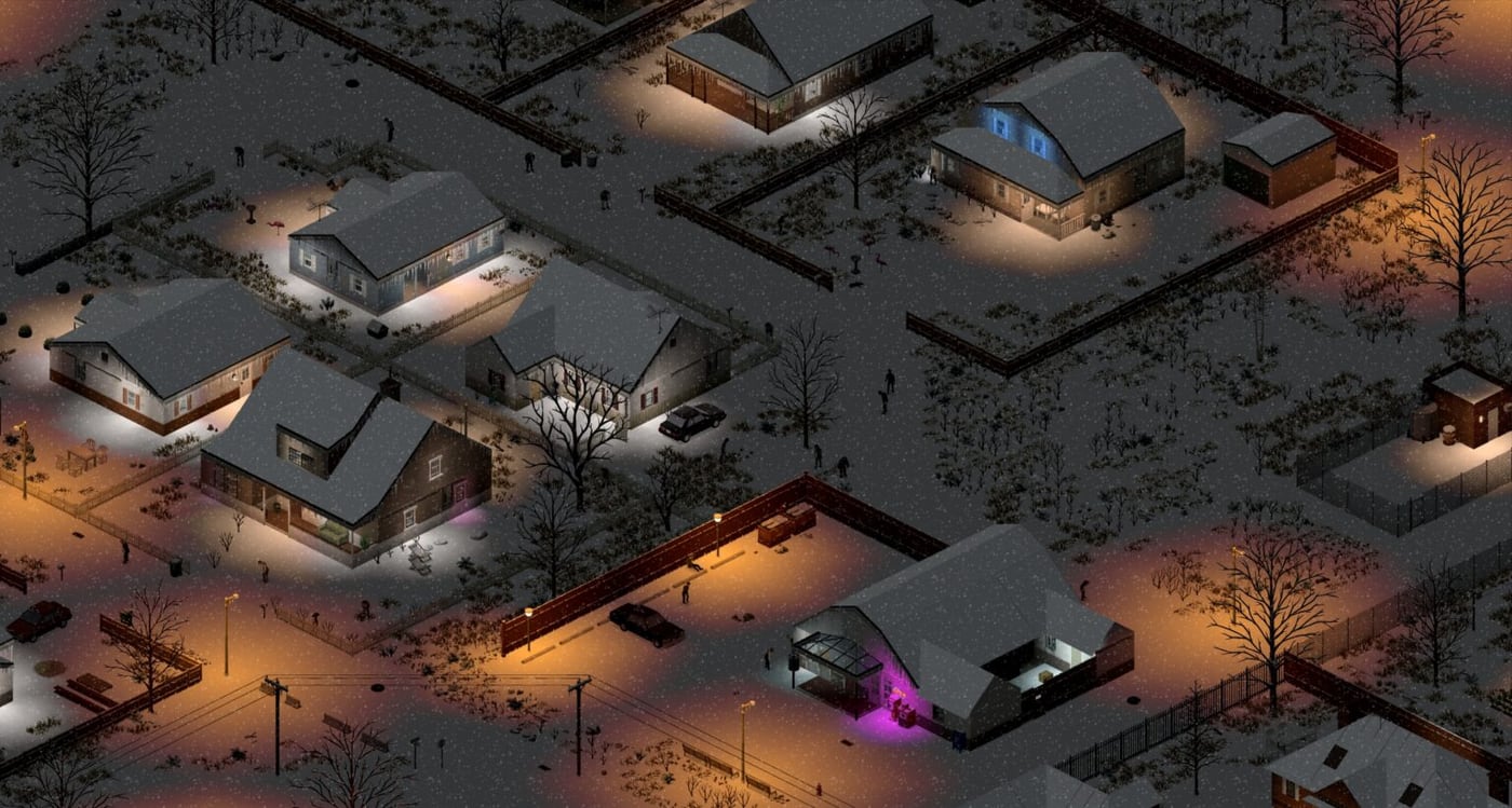 Snow-covered Project Zomboid neighborhood with houses, fences, and lit streets